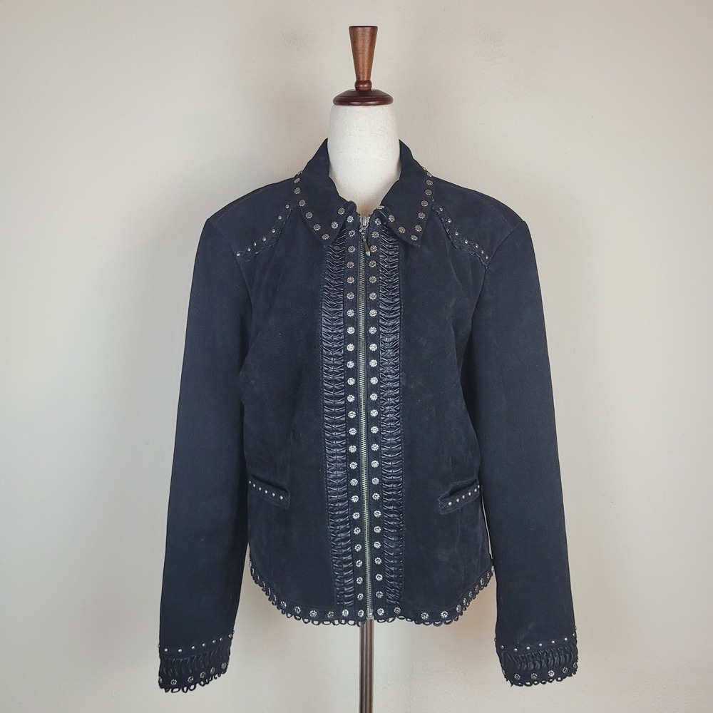 Cripple Creek Jacket XL Black Western Studded Suede Leather Zip Cowgirl Rodeo